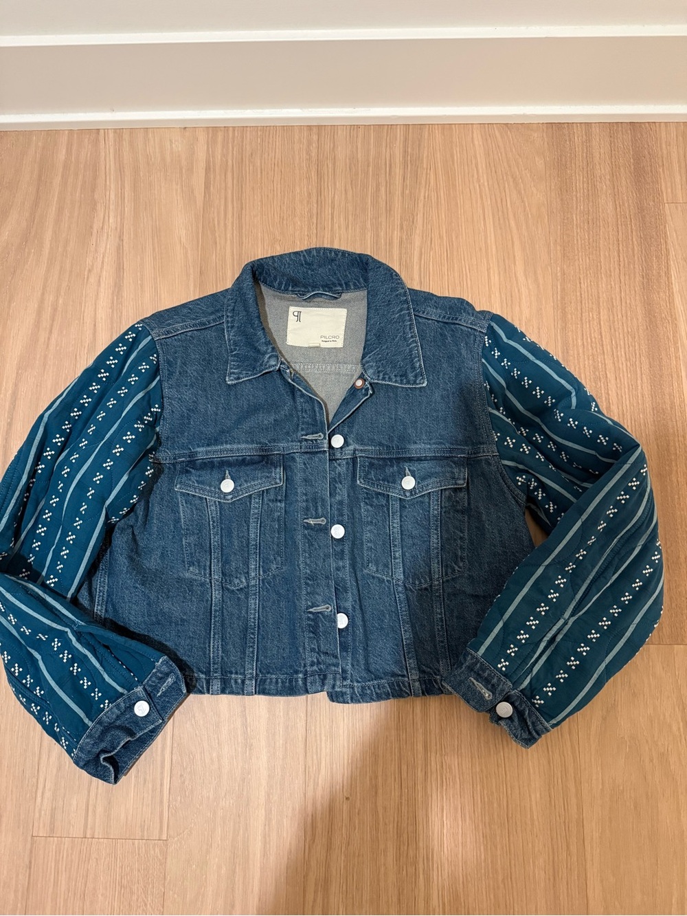 Pilcro Dark Blue Denim Jacket with Teal Quilted Patterned Sleeves